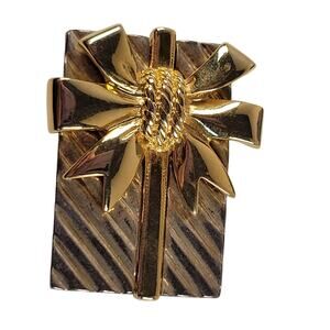 Signed SJL Gift Box Brooch Pin Pendant Gold Silver Two-Tone 1.6" Vintage Jewelry